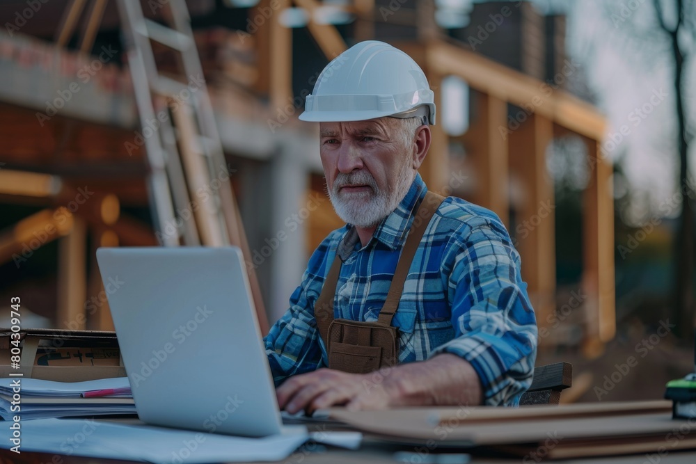 Mature architect working on laptop in construction area Mature architect working on laptop in construction area