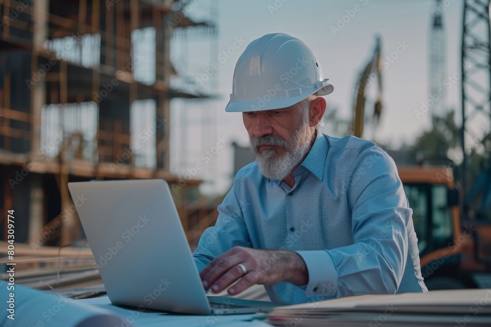 Mature architect working on laptop in construction area Mature architect working on laptop in construction area
