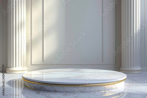 Round Marble Table in Room With Columns