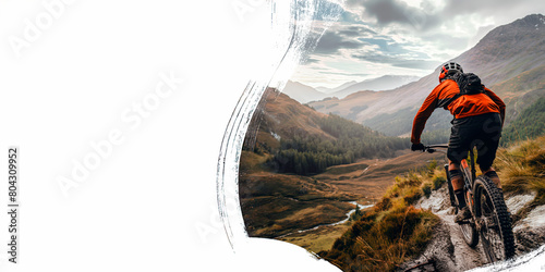 Mountain biker on a scenic trail at sunrise. Banner with copy space. Concept of adventure sports, mountain biking, nature trails