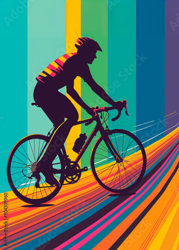 Illustration of a vibrant cyclist silhouette on colorful speed trails. Concept of cycling sports, speed, and dynamic movement