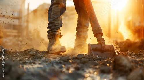 Construction worker using a jackhammer, construction site in the background