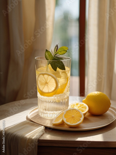 Glass of fresh made lemonade on the table, summer refreshing drink, detox, diet and healthy lifestyle concept.