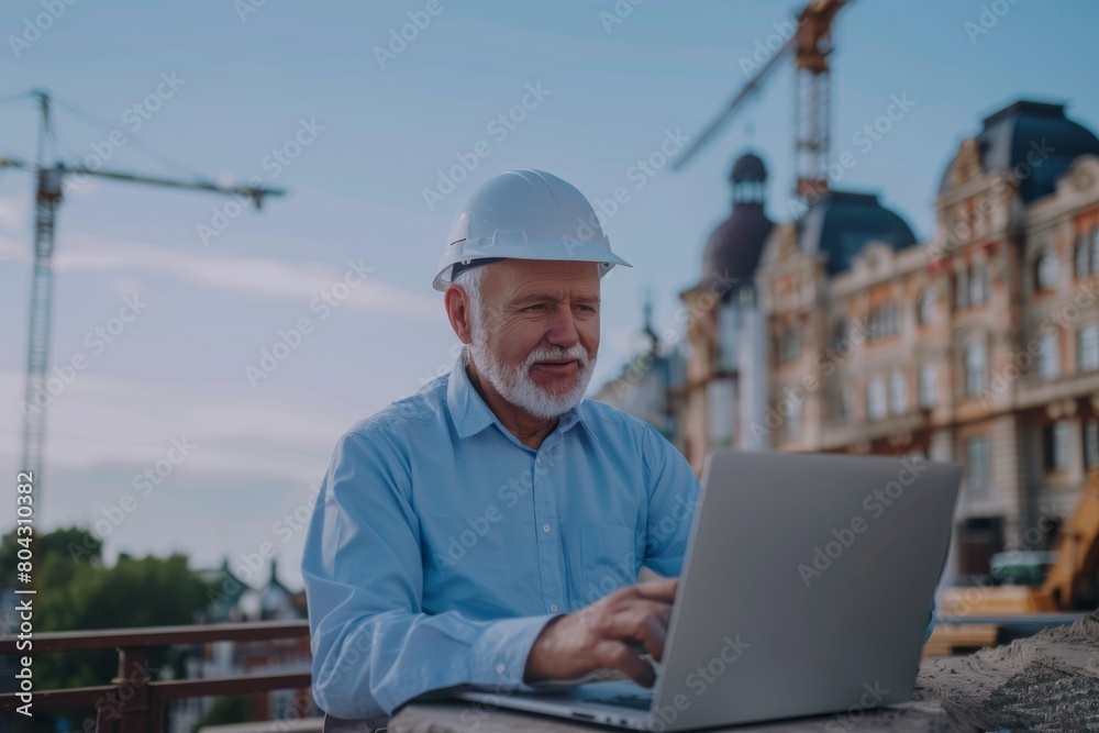 Mature architect working on laptop in construction area Mature architect working on laptop in construction area