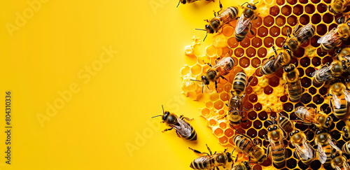 Bees in honeycomb closeup, queen bee among the bees on yellow background with text copy space