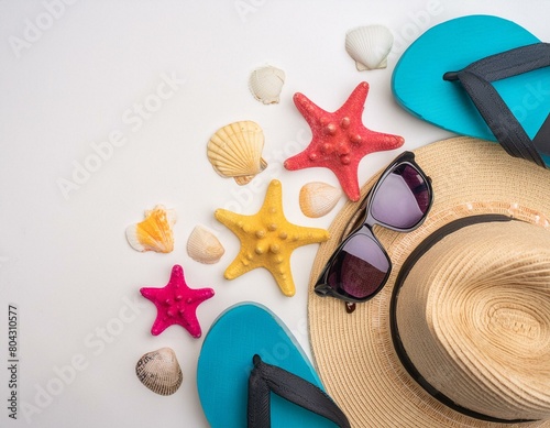 summer accessories on a white background seashells sunglasses flip flops summer hat holiday vibes vacation colorful sea stars isolated flat lay photo