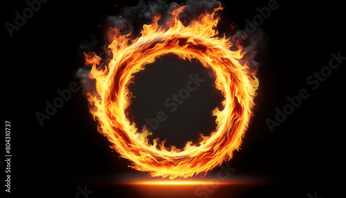 A fiery ring of flames on a dark background, illustrating the concept of energy. Generative AI