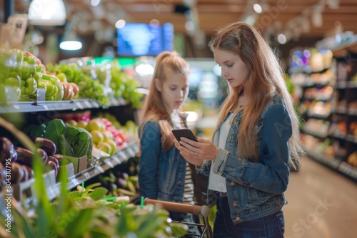 Mother and daughter using smart phone in organic food store