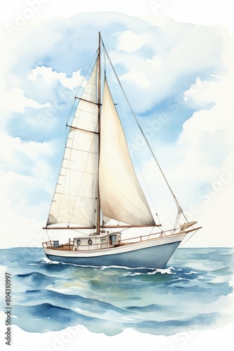 A watercolor painting depicting a sailboat gracefully navigating the open ocean under a clear sky. The boats sails are billowing in the wind, and waves can be seen rolling around its hull
