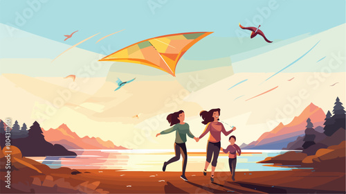 Happy family flying kite near river at sunset 2d fl