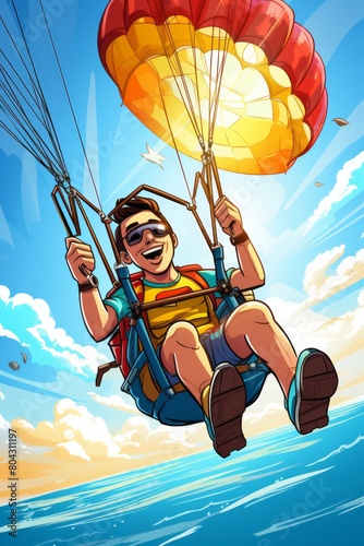 A man is seen flying high through the air while riding a parachute. The parachute billows overhead as he descends gracefully towards the ground