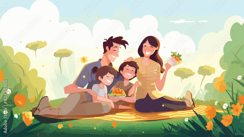 Happy family having picnic on summer day 2d flat ca