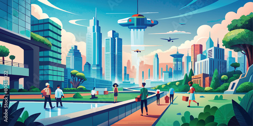 Vibrant Urban Future: Citizens and Flying Cars in a Modern Cityscape Plastic Bag Free Day