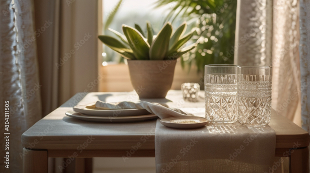 Glass of water on the table in the apartment Glass of water on the table in the apartment