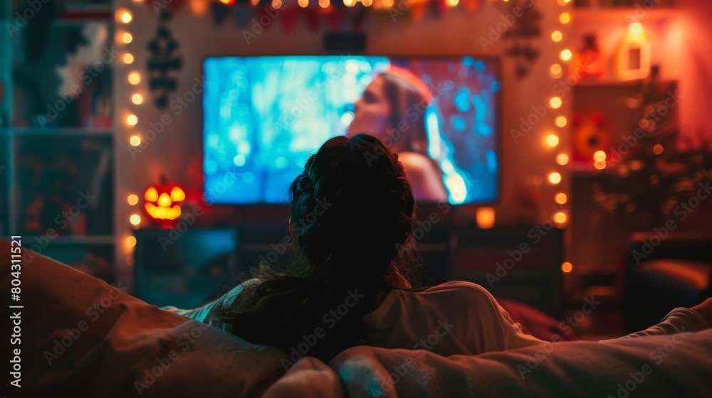 A Halloween movie marathon playing on a large screen providing the perfect entertainment for guests to enjoy while sipping on mocktails.
