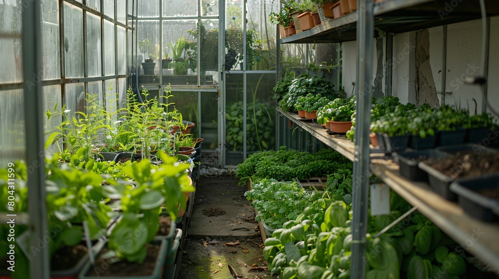 Closeup view inside well organised greenhouse with different crops growing in it