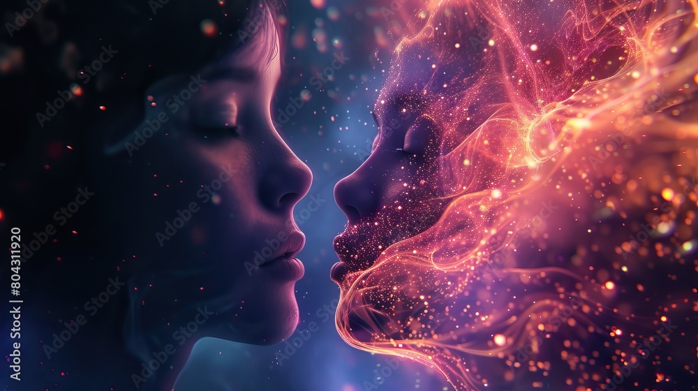 Cosmic Connection. Digital artwork of two faces close together, one human and one made of glowing particles, against a dark, sparkly background.
