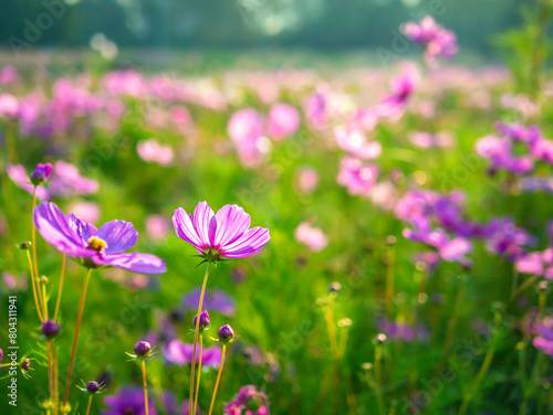 Beautiful purple cosmos flowers at cosmos field in moring sunlight. amazing of cosmos flower field landscape in sunset. nature flower  background.