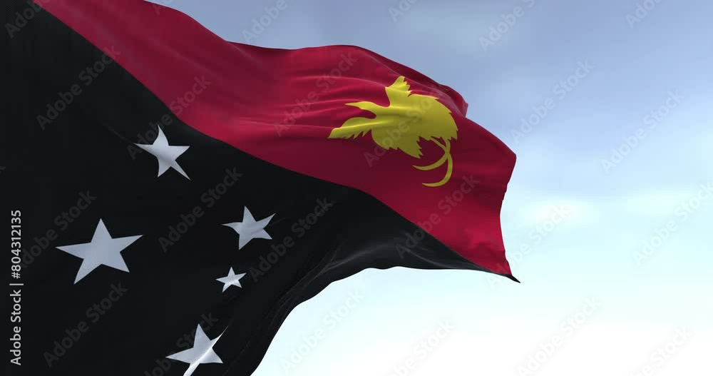 Detail of the national flag of Papua New Guinea waving in the wind on a clear day