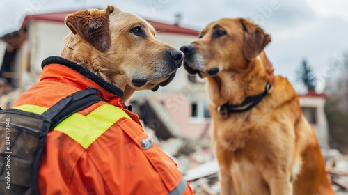 Emergency response. rescue team and search dog mobilizing to find survivors amid rubble photo