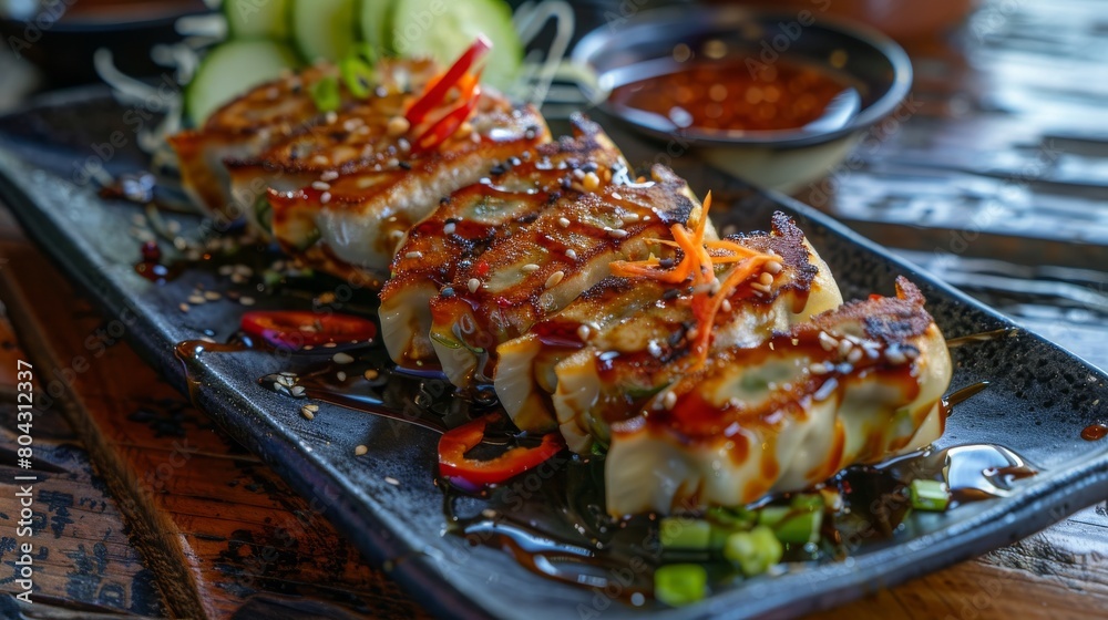 Golden Spiral shot, gyoza with cream, cucumbers, soy sauce, chili sauce, minimalistic restaurant, meticulous preparation, Fujifilm GFX 100.....