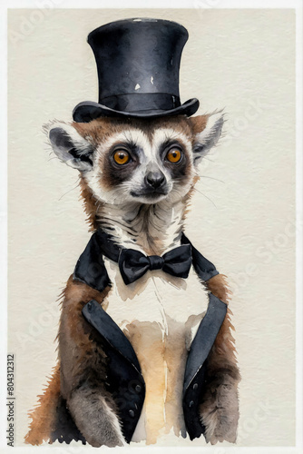 Portrait of meerkat in frock coat with butterfly and top hat on grey background. Cute young animal stands importantly and looks at the camera. photo