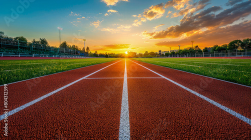 Red running track with white marking stripes without people, in sunset. Cinder treadmill in stadium. Comfortable environment for healthy lifestyle, sports, training.  Summer sport and fitness concept. photo