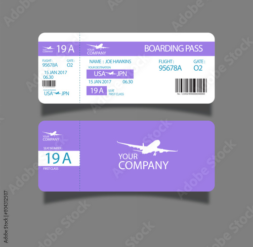 Airplane ticket. Flight boarding pass design. Air, plane, airline card template. Fly, travel concept. Vector illustration.