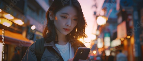 The Portrait of a Confident Japanese Woman is in Smart Casual Clothes and Using Phone at Sunset in a City. The Stylish Woman is Connecting with People Online, Messaging and Browsing the Internet.