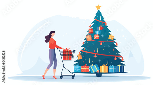 Young woman with shopping cart Christmas tree and pr