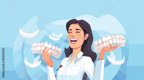 Happy female dentist and big plastic jaws with brac © Mishi