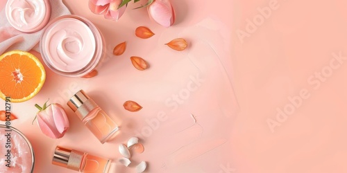 A beautiful arrangement of pink roses, orange slices, and skincare products on a pink background.