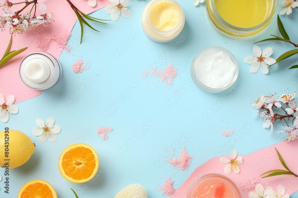 Beauty products and flowers on a blue background Beauty products and flowers on a blue background