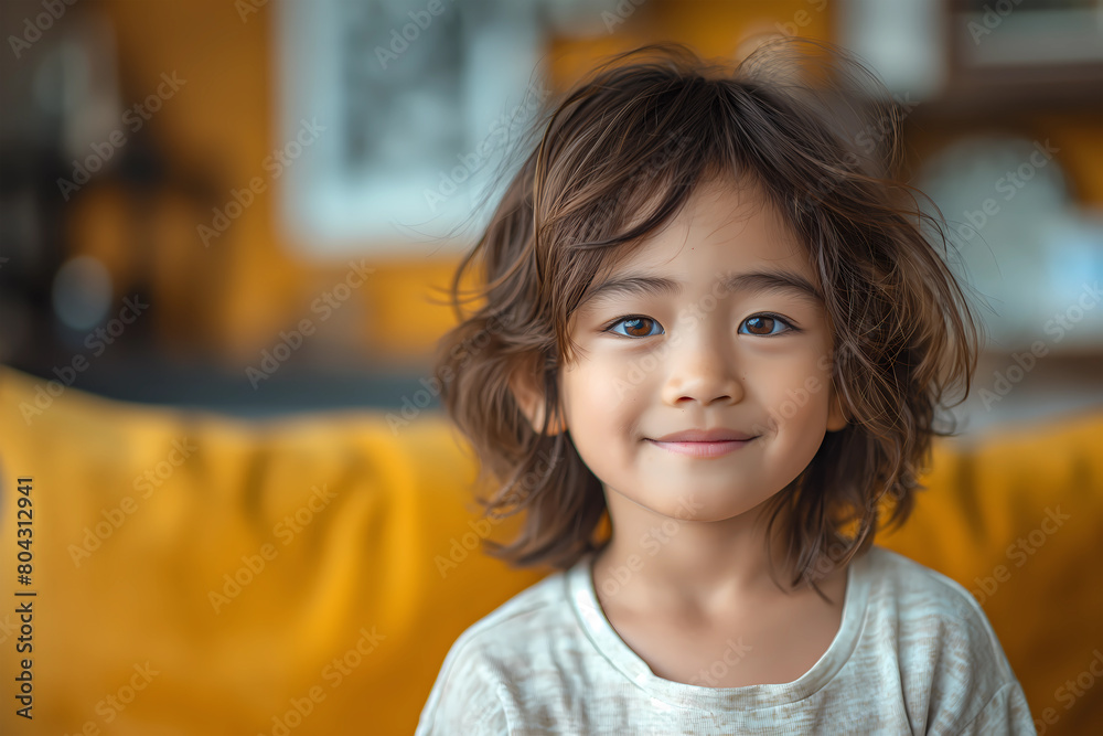 an adorable Japanese American little boy smiling while wearing a white t shirt with blurry living room as the background. Child looking to the camera smiling an adorable Japanese American little boy smiling while wearing a white t shirt with blurry living room as the background. Child looking to the camera smiling