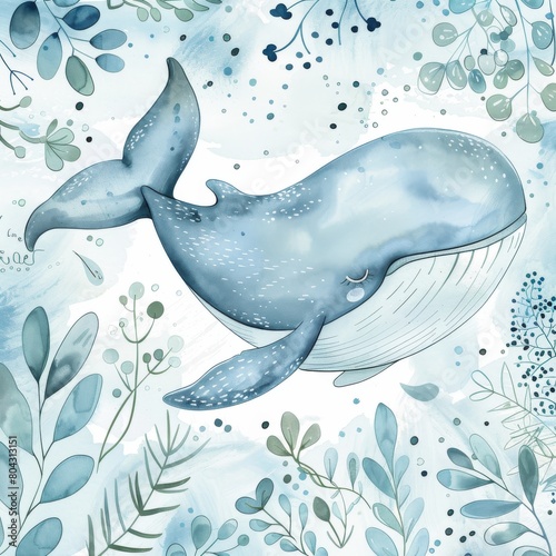 A watercolor painting of a blue whale swimming in a sea of green and blue plants. photo