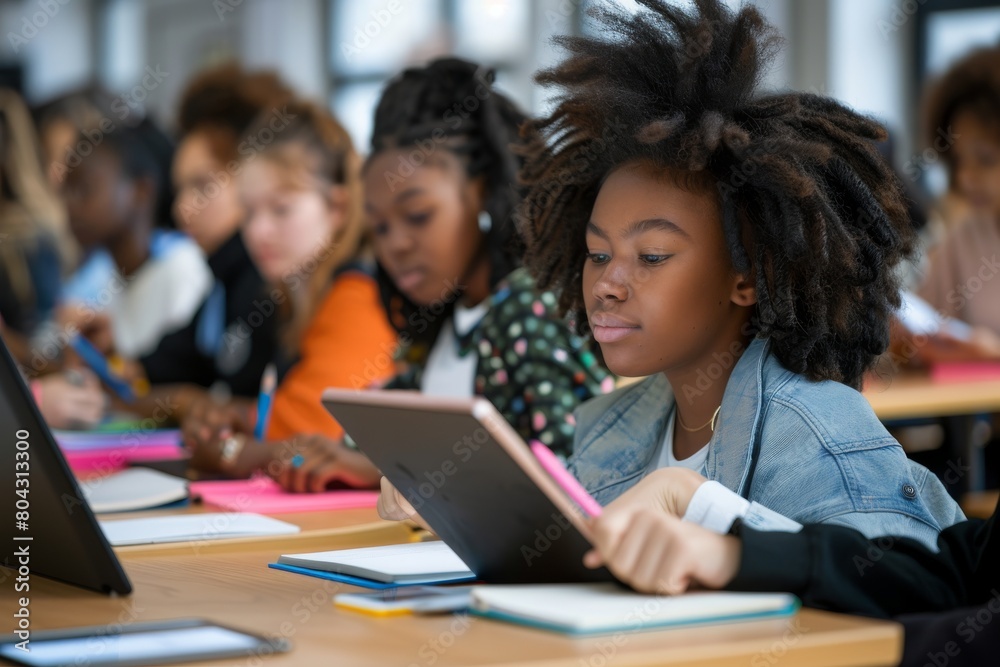 Multi-ethnic students using digital tablet at desk in classroom Multi-ethnic students using digital tablet at desk in classroom