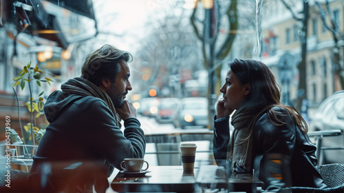Jeune couple vue de profil assis face à face à une table dans un bar restaurant