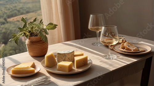 White wine and cheese platter served on the table