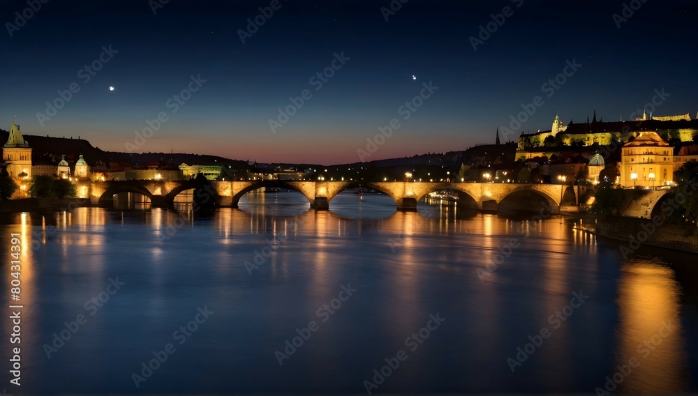 Panoramic view of bridges on Vltava river in Prague at night Panoramic view of bridges on Vltava river in Prague at night