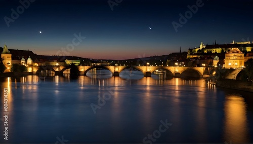 Panoramic view of bridges on Vltava river in Prague at night