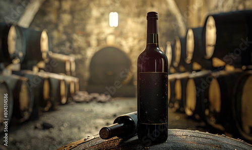 A wine bottle in an ancient wine cellar