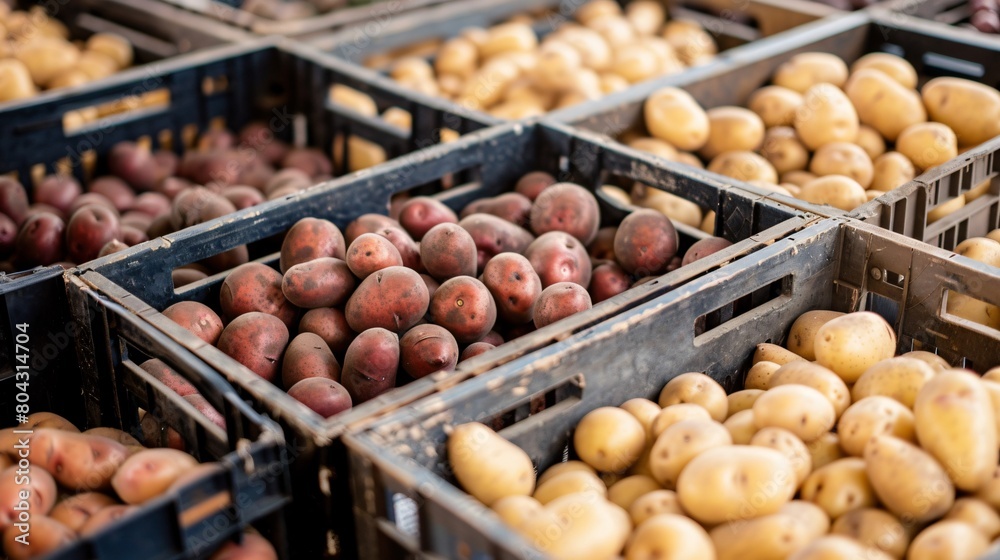 Closeup view of crates full of fresh potatoes of different varieties