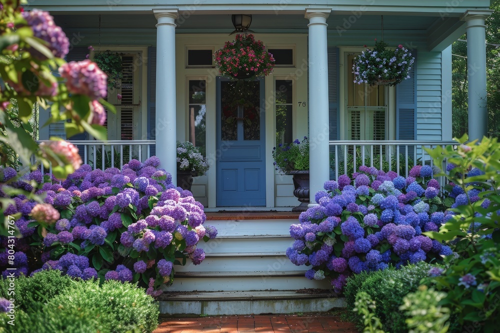 Blue Front Door Surrounded by Purple hydrangea Flowers