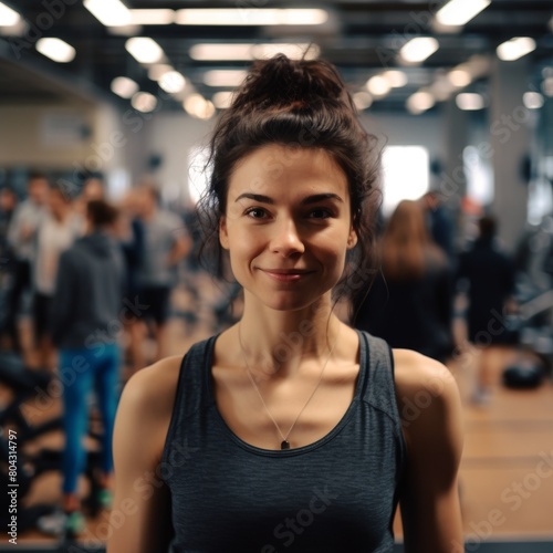 black hair lady in a gym, looking at camera with gentle smile, gym equipments are visible, wide angle view