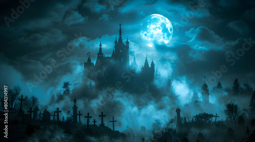 Spooky Castle On A Hill Silhouetted By A large Full Moon  Happy Halloween  Generative Ai