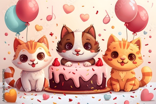 Fondo de pantalla de feliz cumpleaños con lindos gatos. Feliz cumple. Felicidades en tu cumpleaños.