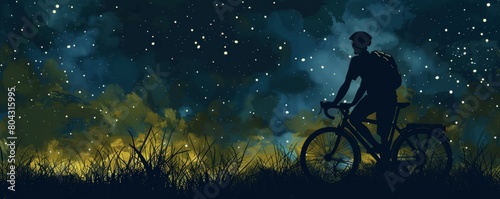 Silhouette of cyclist embarking on a night adventure amidst starry sky and mysterious forest