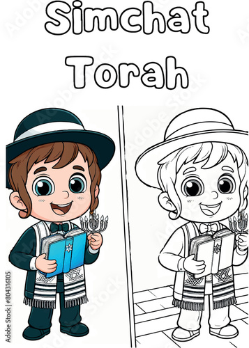 Simchat Torah coloring page. boy dancing with a scroll and menorah. Black and white linear vector illustration. Coloring pages for children.