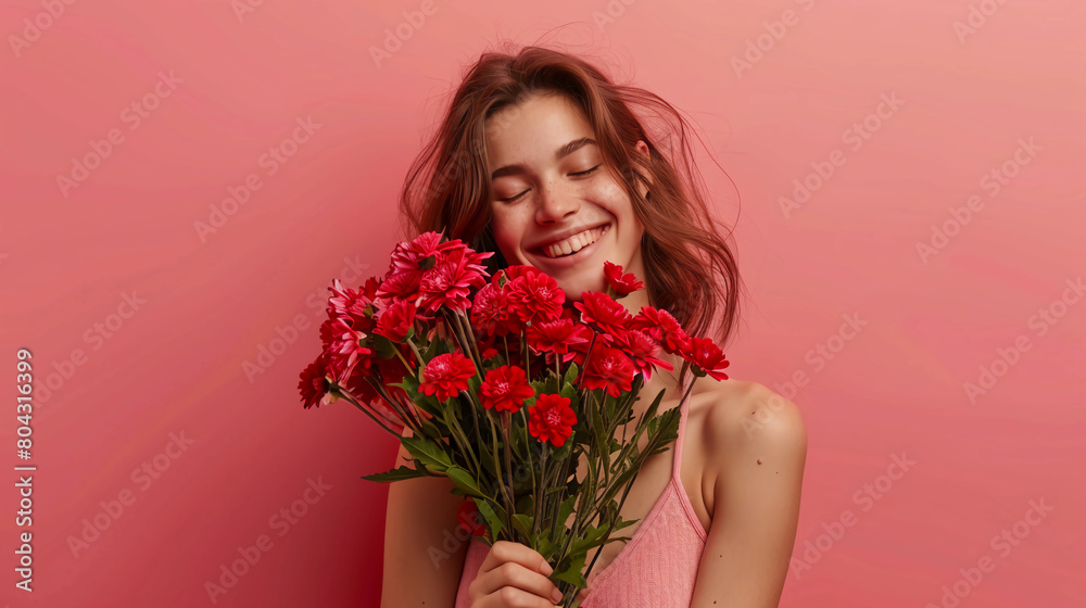 Casual headshot of a smiling woman with a bouquet of flowers Casual headshot of a smiling woman with a bouquet of flowers