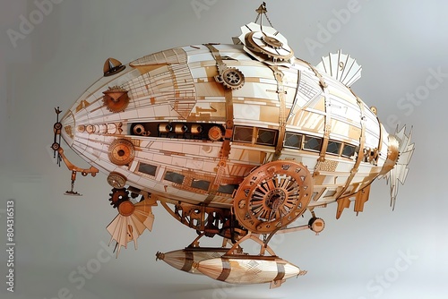 Impeccably crafted steampunk airship constructed from paper and powered by gears.
